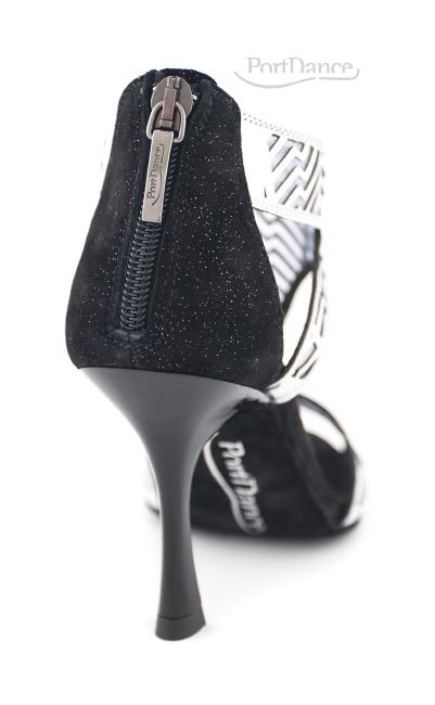 Silber/schwarzer Nubuk-Tanzschuh von Portdance mit glänzendem Stilettoabsatz und Reißverschluss hinten.